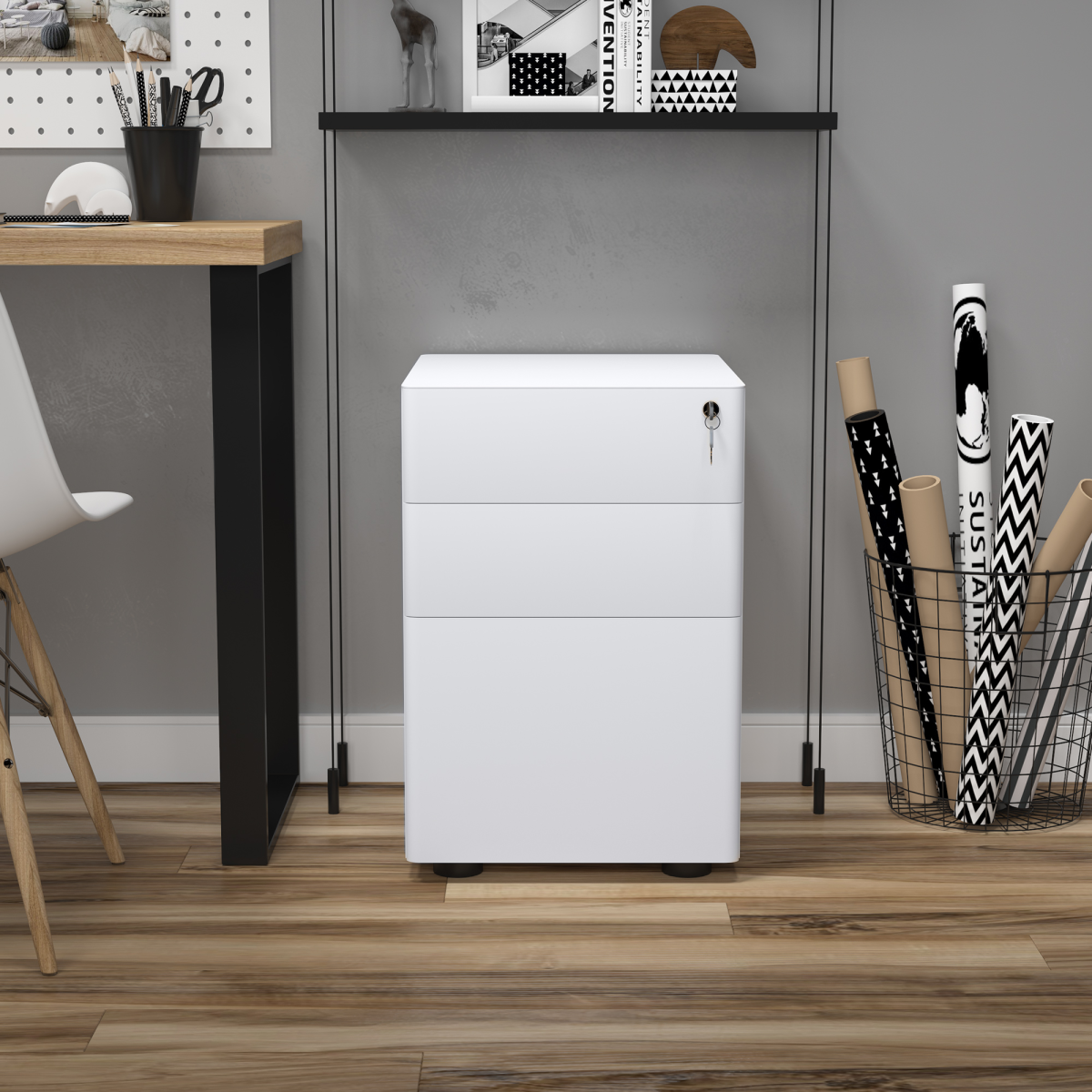 3-Drawer Lockable Mobile Metal Filing Cabinet with Wheels – Under-Desk Office Storage, White