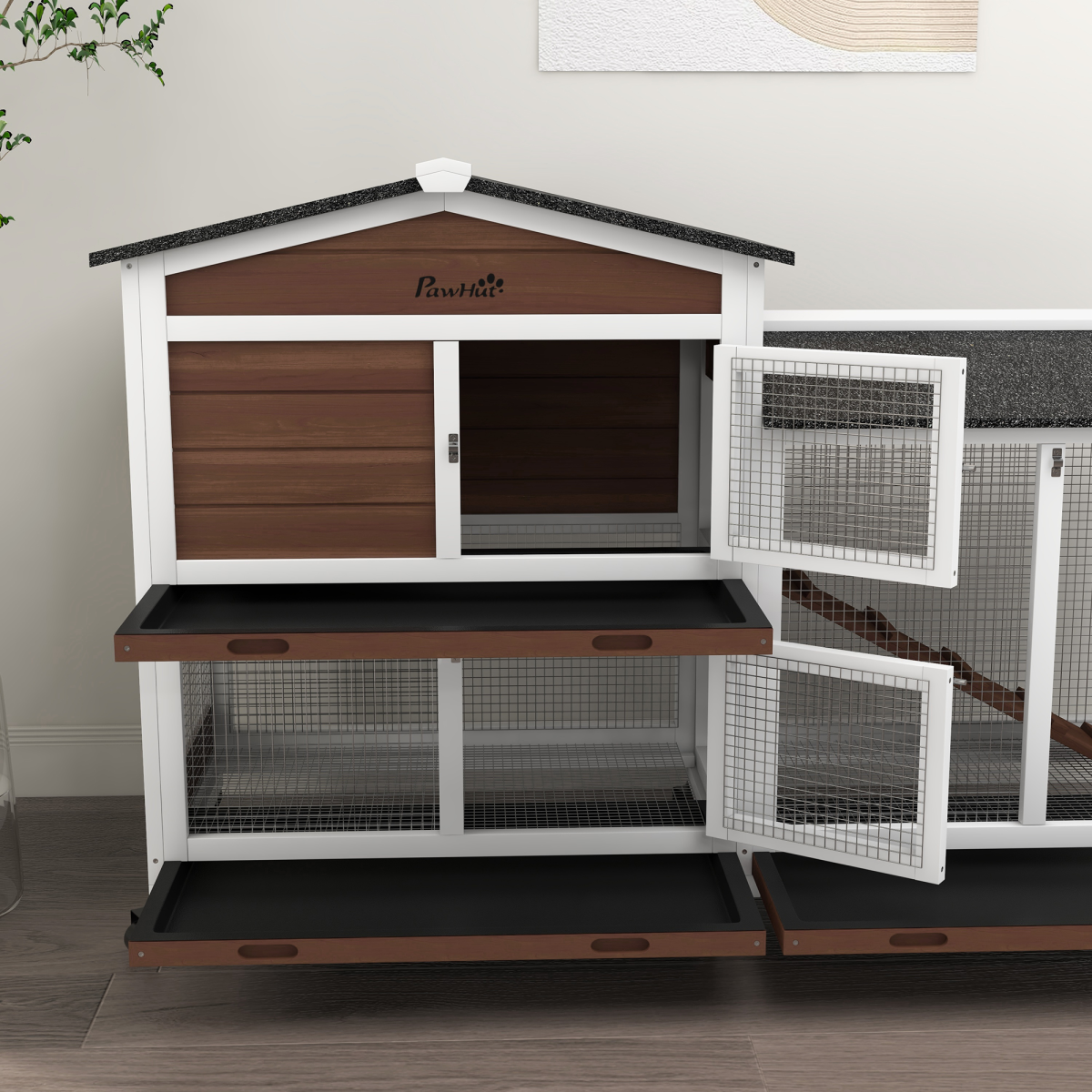 PawHut Wooden Rabbit Hutch with Wheels, Run & Ramp – Outdoor Guinea Pig Cage for 1–3 Rabbits, Brown