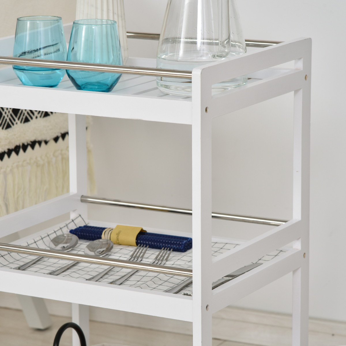 HOMCOM Pine Wood 3-Tier Kitchen Trolley with Four Wheels & Steel Handle – Storage Serving Cart, White