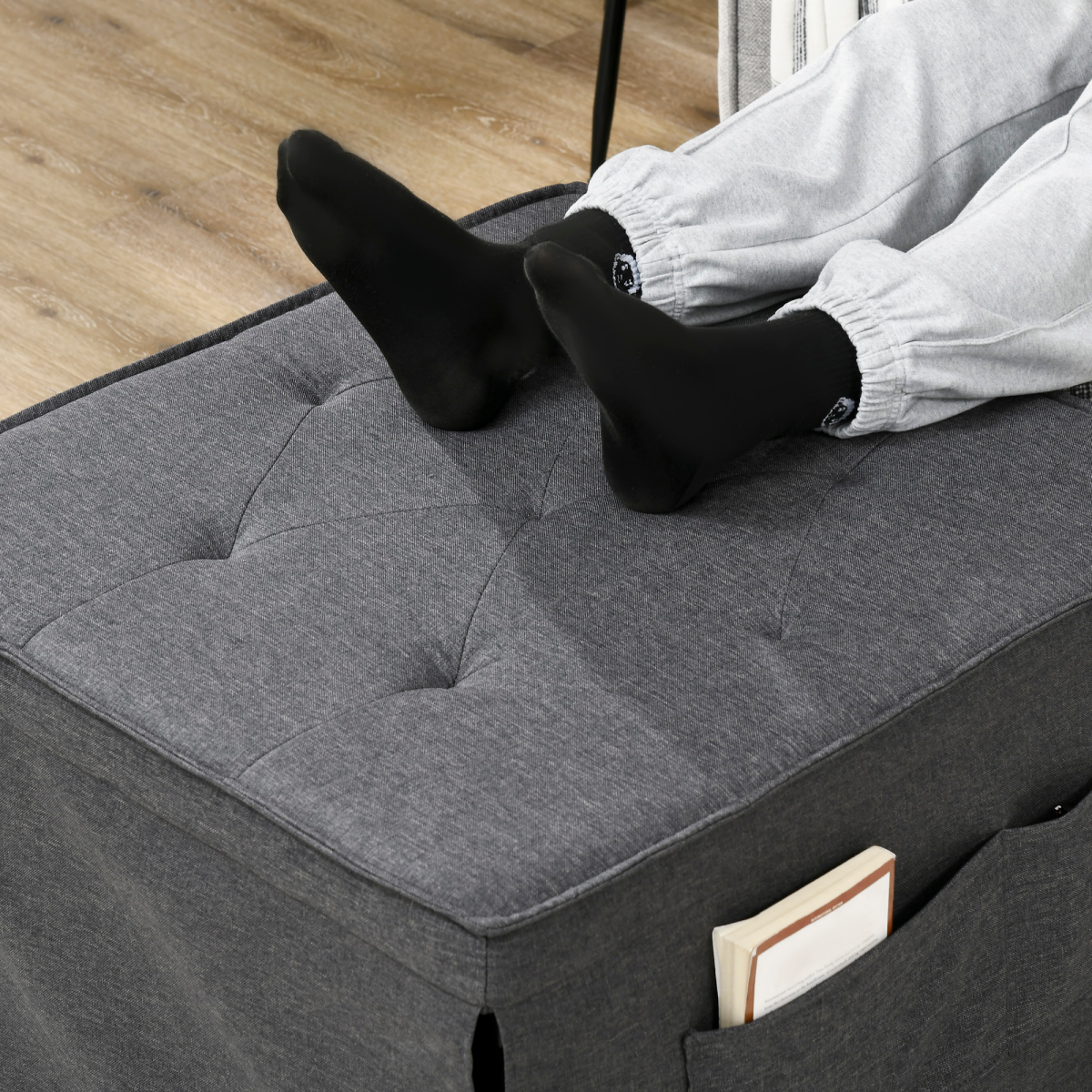 HOMCOM 4-in-1 Folding Sleeper Chair Bed with Pillow & Side Pockets – Space-Saving Spare Bed, Charcoal