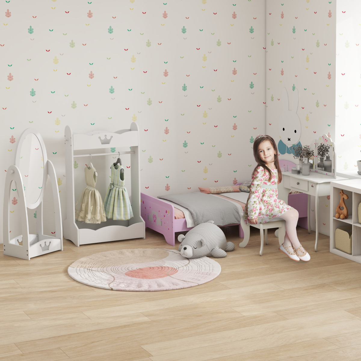 HOMCOM Kids Vanity Table and Stool Set with Rotatable Mirrors & Drawer – Girls' Dressing Table, Stars & Hearts