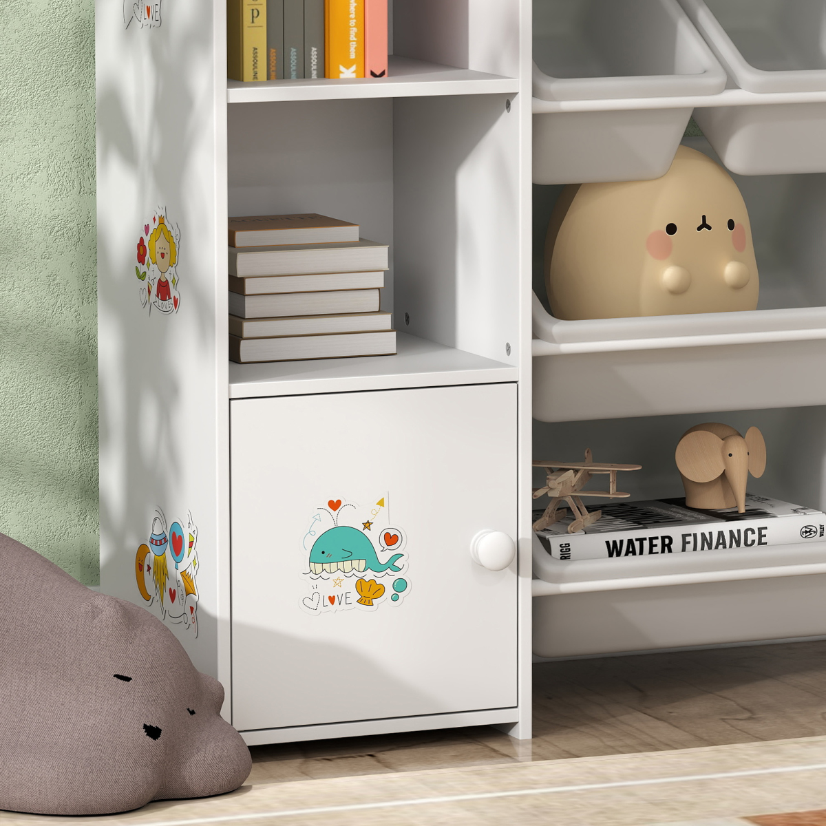 AIYAPLAY Kids Toy Storage Organiser with 8 Removable Bins, Bookcase & Cupboard – White