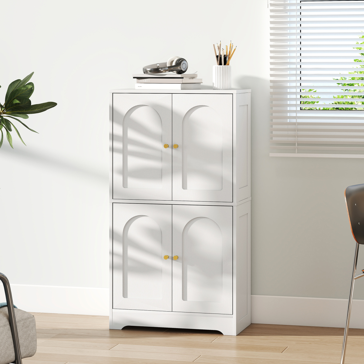 HOMCOM 110cm Kitchen Cupboard with 4 Arched Doors and 2 Adjustable Shelves – Storage Cabinet, White