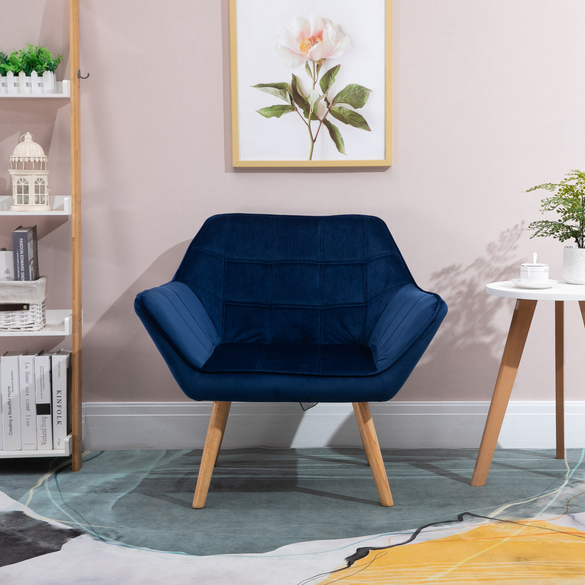 Luxe Velvet-Feel Accent Tub Chair with Wide Arms & Solid Wood Legs – Living Room Armchair, Blue