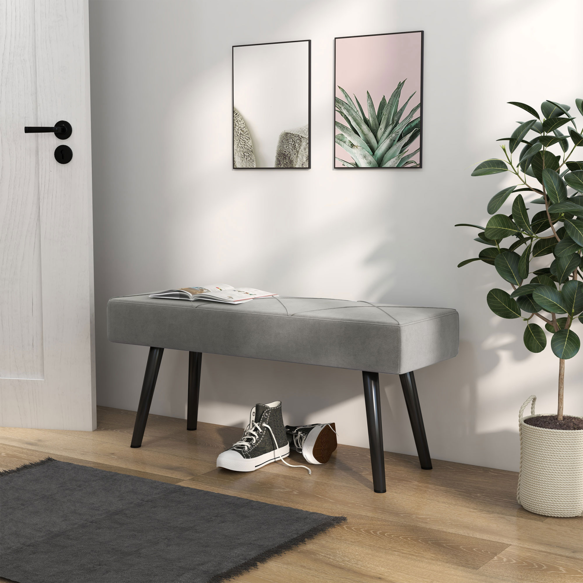 HOMCOM Velvet-Feel End of Bed Bench with Steel Legs – Upholstered Bedroom, Hallway or Window Seat, Grey