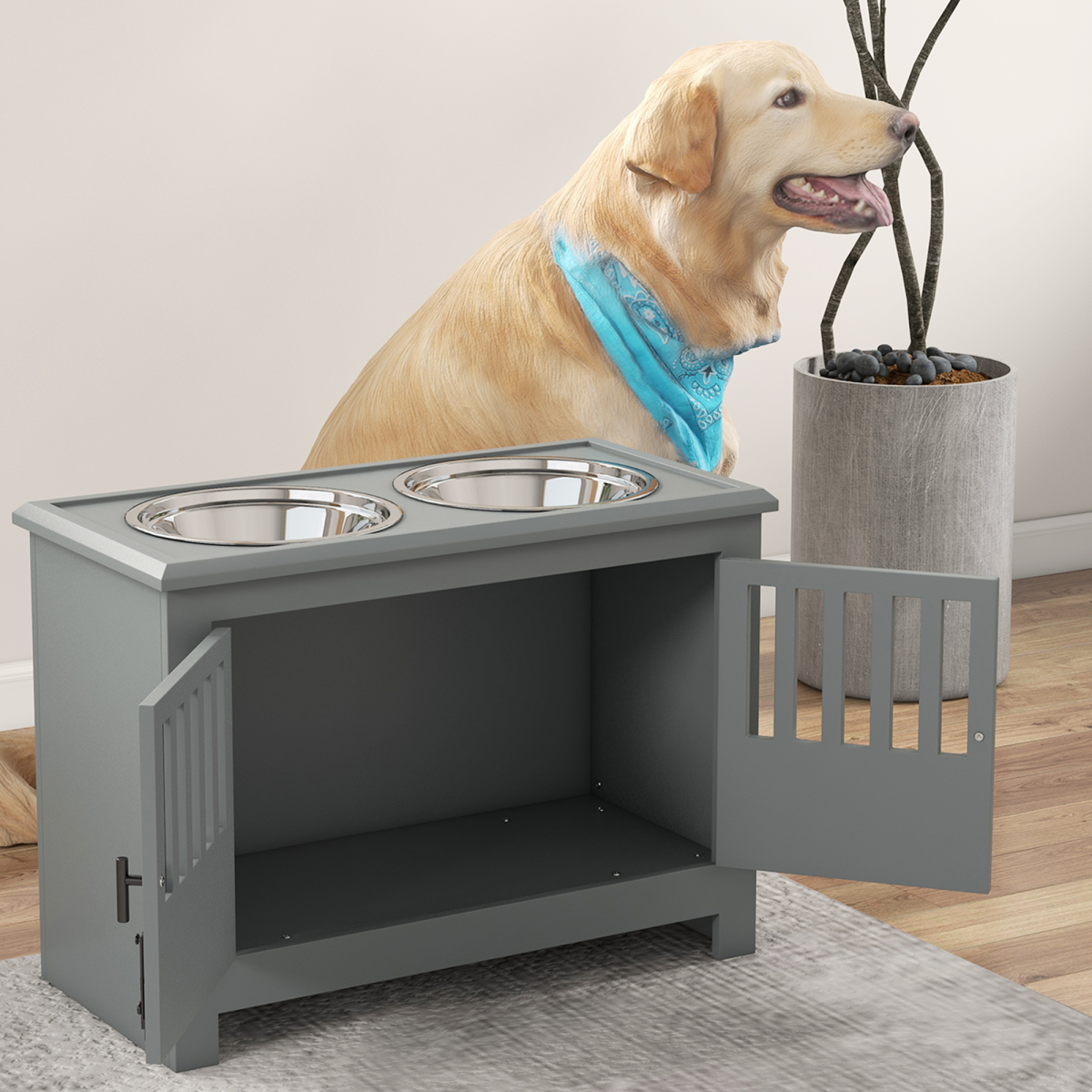 PawHut Raised Dog Bowls with Storage Stand, 2 x 2000ml Steel Bowls – Feeding Station for Large Dogs, Grey