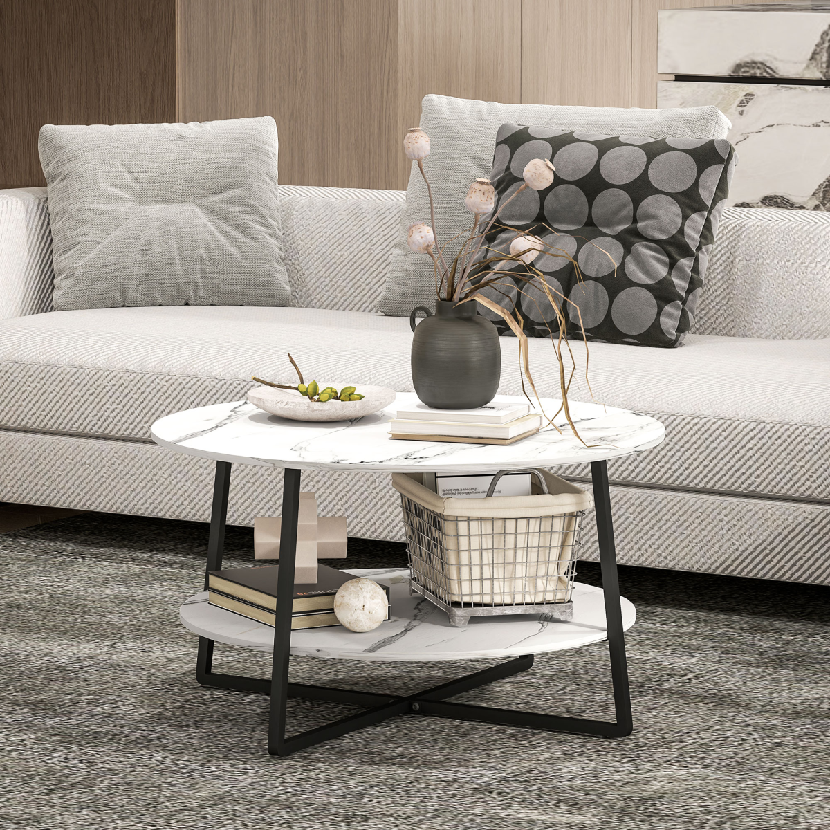HOMCOM Round Coffee Table with Storage Shelf and Marble-Effect Top, 80cm – Steel Frame Living Room Table, White
