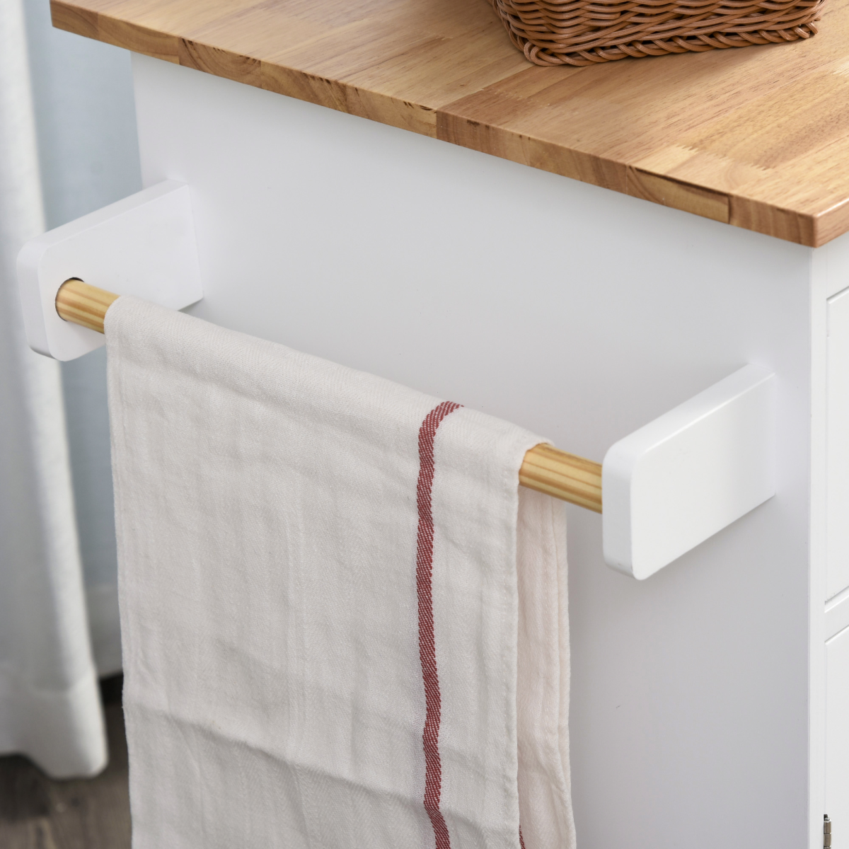 HOMCOM Kitchen Island with Rubberwood Top, 2 Drawers, Cupboard and 3-Tier Spice Rack – Storage on Wheels