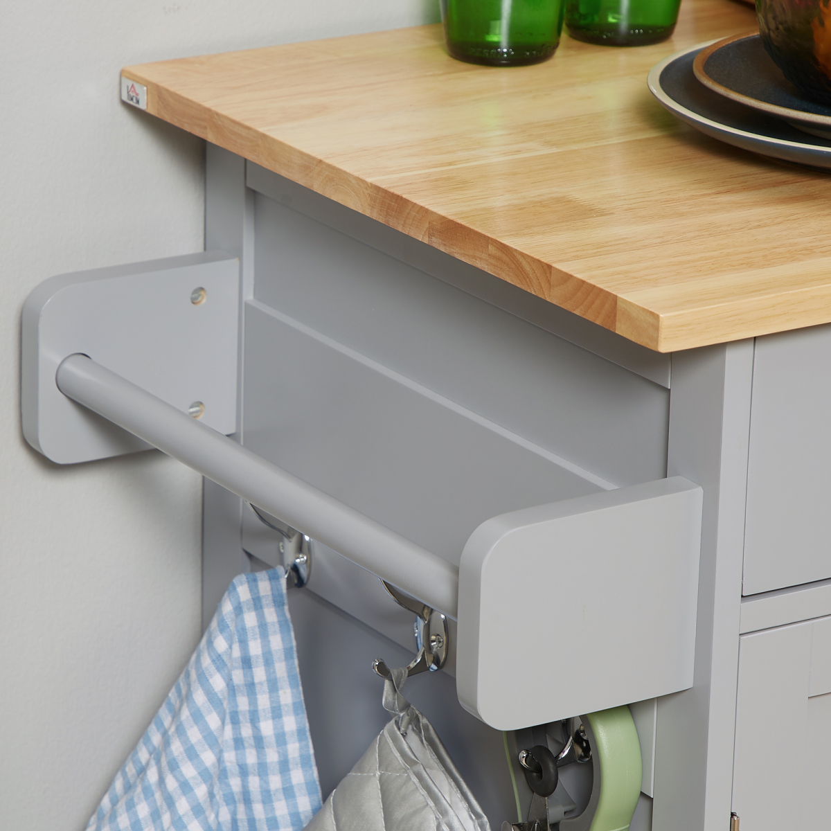 Rolling Kitchen Cart with Rubberwood Top, Towel Rack, Hooks, Drawers & Open Shelf – Grey