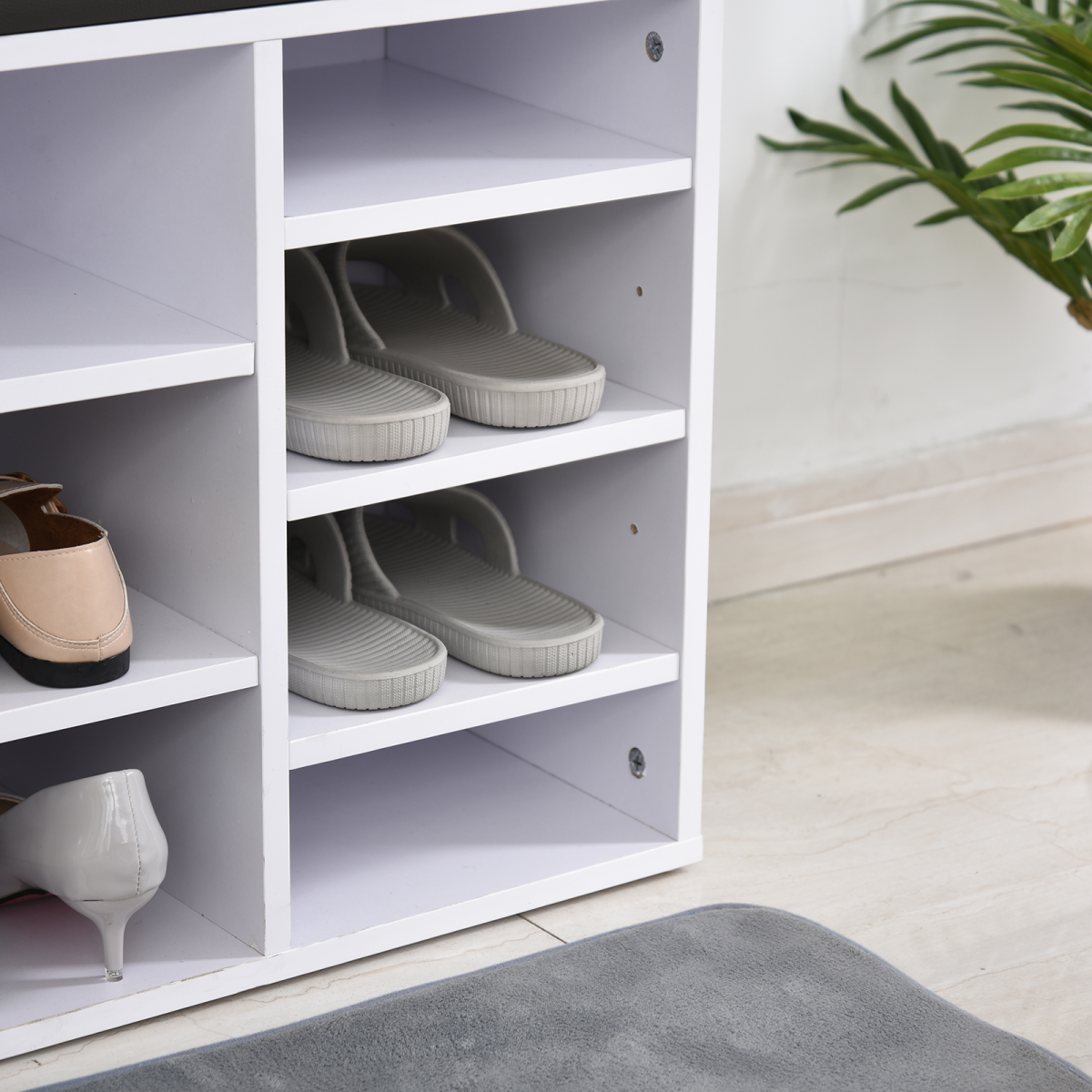 HOMCOM PU Leather 14-Compartment Shoe Storage Bench with Padded Seat – Hallway Seating, Brown/White