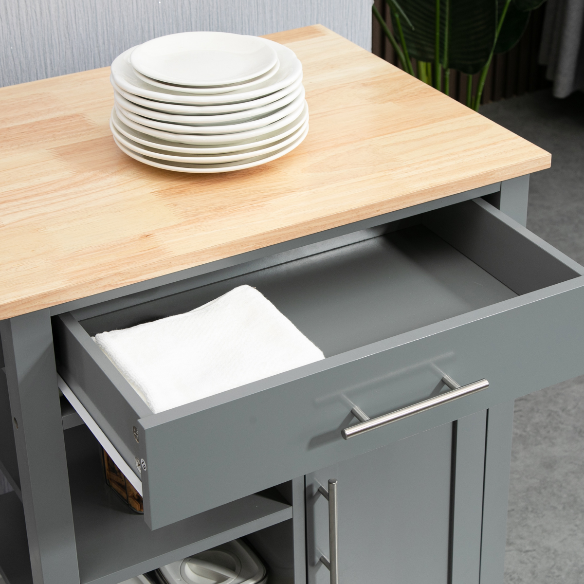 HOMCOM Kitchen Trolley with Open Shelf, Storage Drawer & Lockable Wheels – Utility Cart on Wheels, Grey