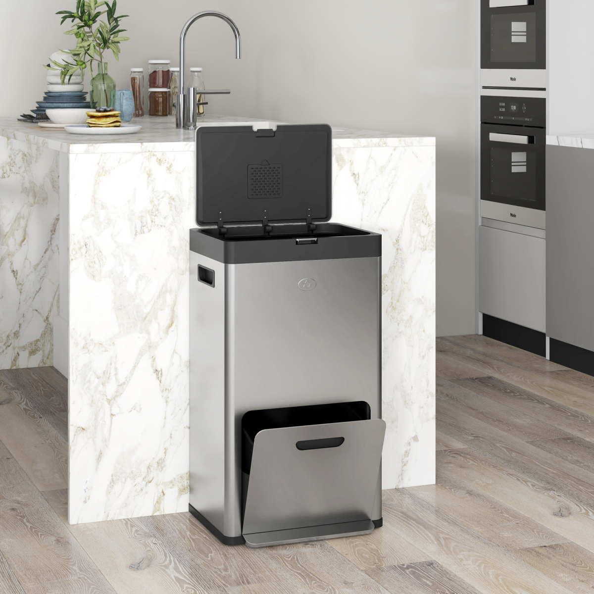 HOMCOM 56L 3-Compartment Stainless Steel Recycling Pedal Bin with Wheels – Kitchen Waste Sorter