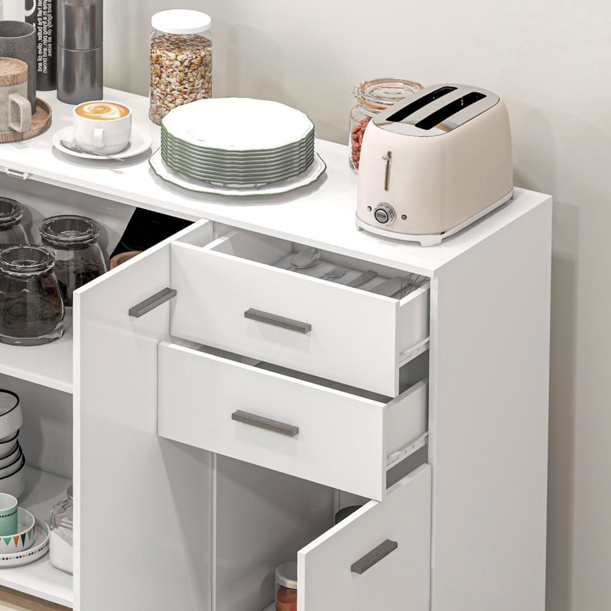 HOMCOM Modern Sideboard Kitchen Storage Cabinet with 2 Drawers, Cupboards & Adjustable Shelves