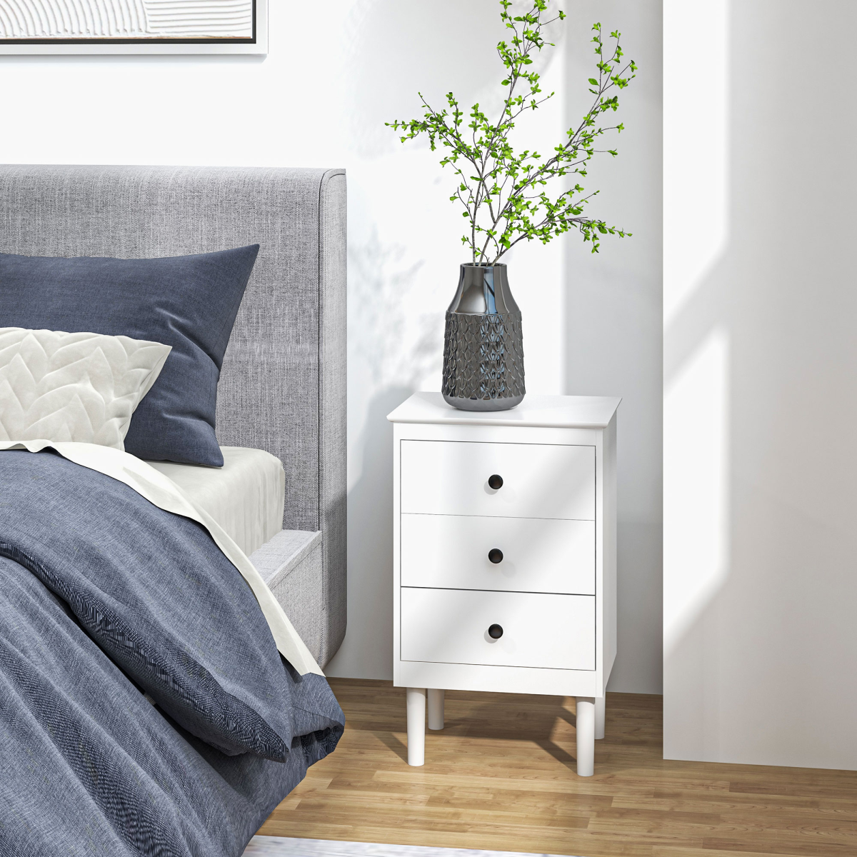 HOMCOM Set of 2 White Bedside Tables with 3 Drawers Each – Bedroom Storage Cabinets with Anti-Tip Straps