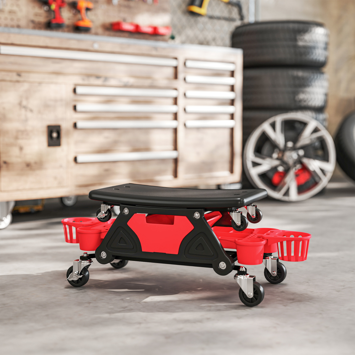 HOMCOM Rolling Mechanic Stool with Detachable Seat & Tool Trays, 135kg Capacity – Workshop Seat, Red