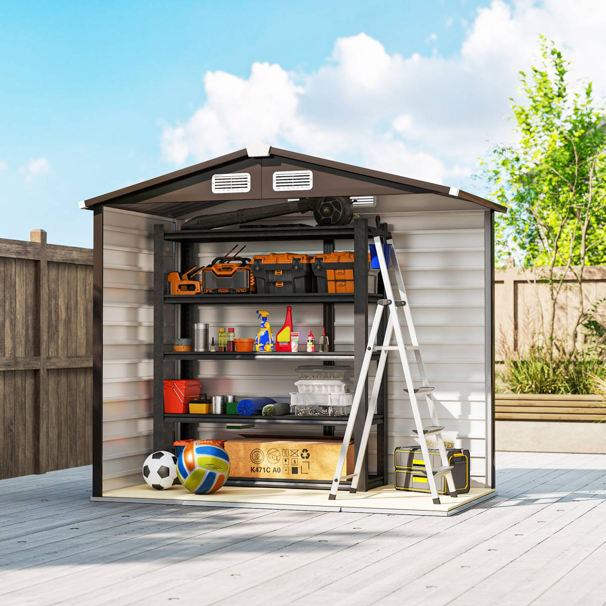 Outsunny 7 x 4ft Metal Garden Shed with Lockable Sliding Doors & Vents – Apex Roof Bike Storage, Natural