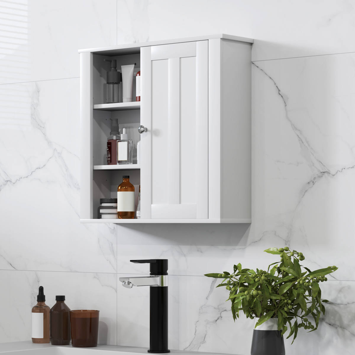 HOMCOM Modern Wall-Mounted Bathroom Cabinet with Adjustable Shelves and Open Side Storage – Space-Saving, White
