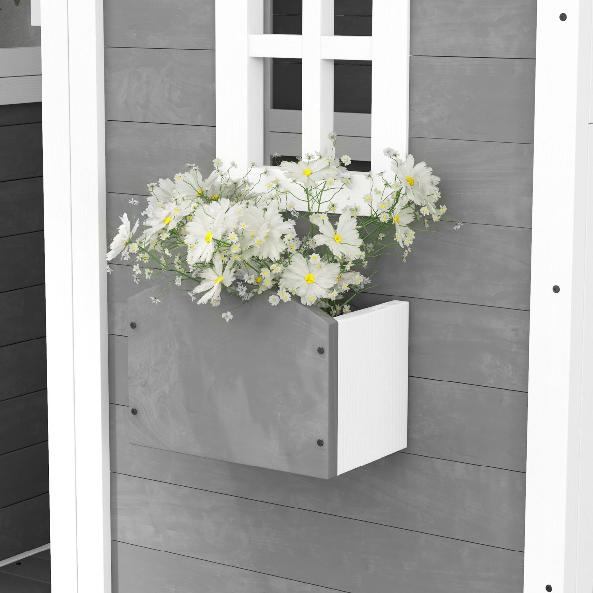 Outsunny Wooden Wendy House for Kids with Floor, Windows & Plant Box – Garden Playhouse, Grey