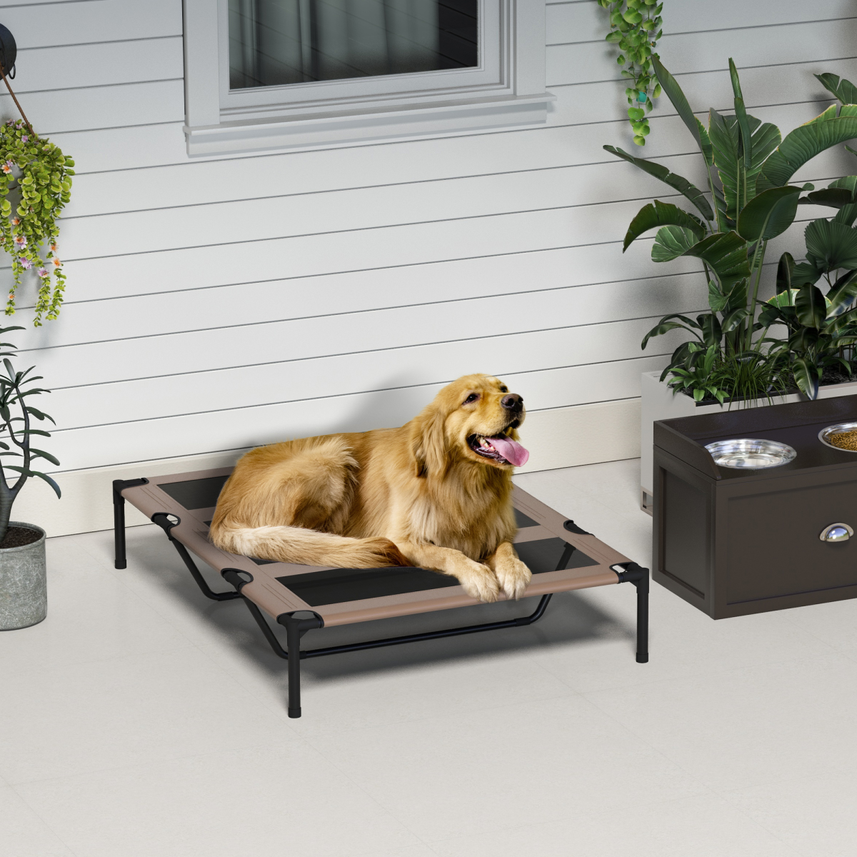 Pawhut Elevated Dog Bed with Breathable Oxford Fabric & Storage Bag – Portable Raised Pet Cot, Brown
