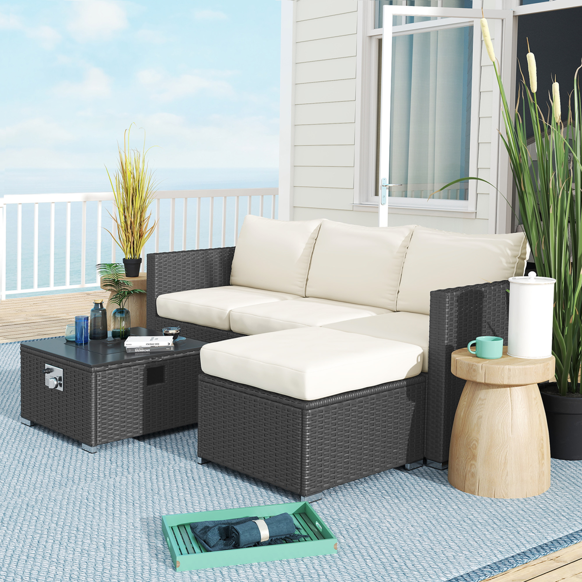 Outsunny 4 Seater Rattan Sofa Set with Fire Pit Table, Footstool and Thick Cushions – Garden Lounge, Black and Cream