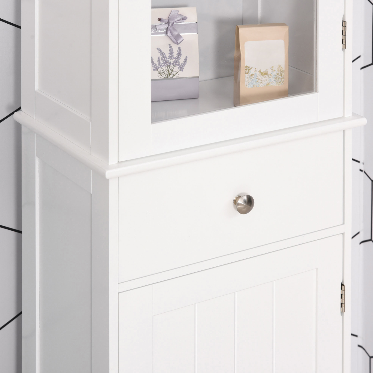 kleankin Tall Bathroom Storage Cabinet with 3 Open Shelves and Acrylic Door – Narrow Anti-Toppling Unit, White