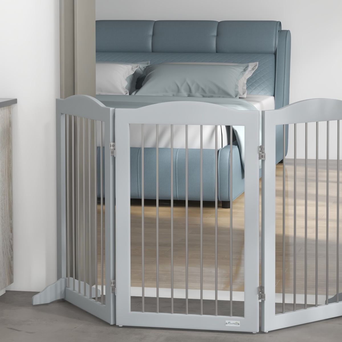 PawHut Foldable Dog Gate with Two Support Feet – Freestanding Pet Barrier for Doorways & Stairs, Grey