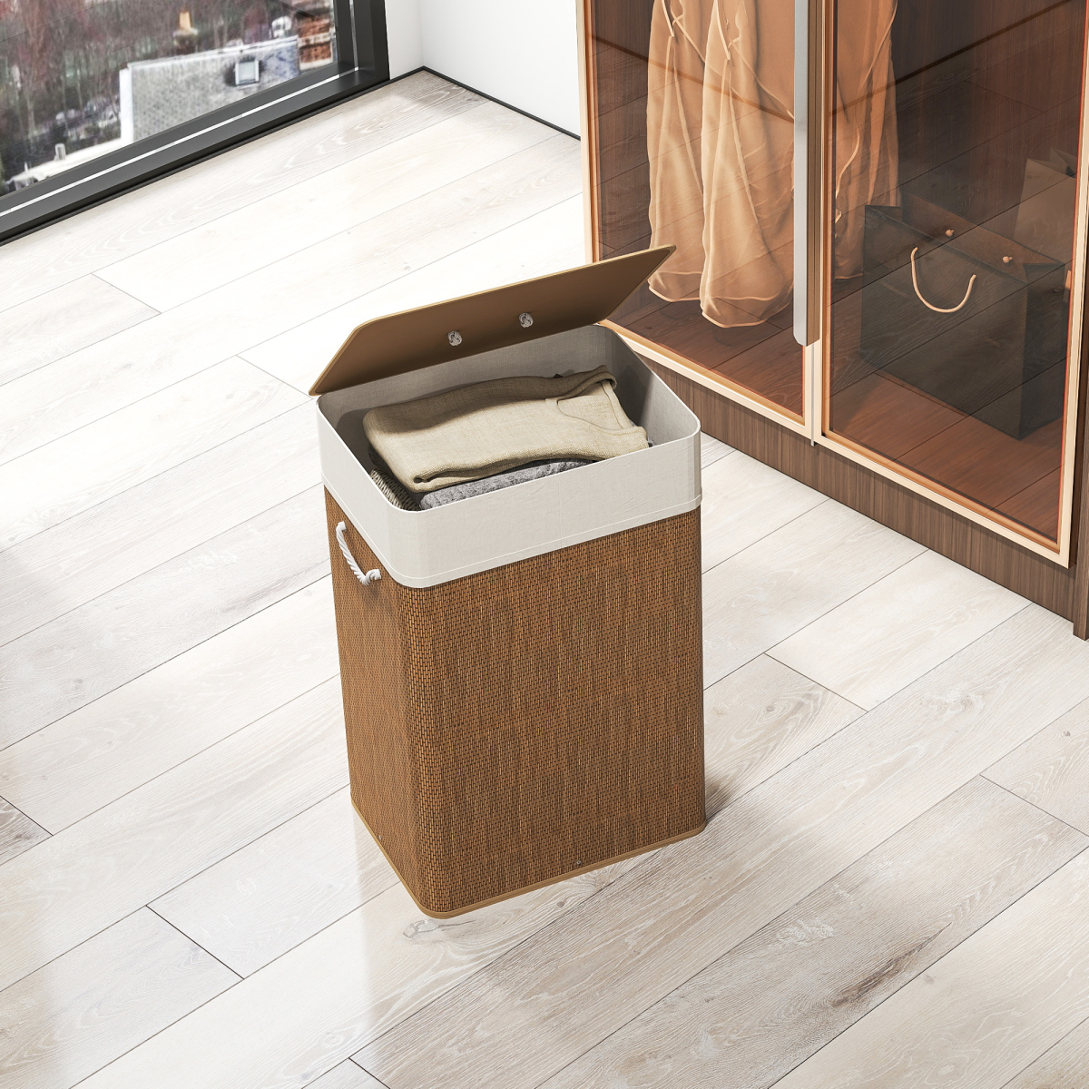 HOMCOM 72L Laundry Hamper with Removable Liner Bag and Lid – Portable Bamboo Laundry Basket, Brown