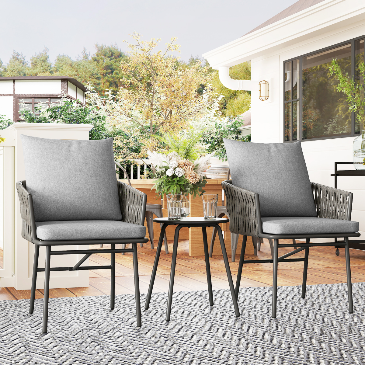Outsunny 3-Piece Rattan Bistro Set with 2 Cushioned Chairs & Round Metal-Top Table – Balcony Furniture, Grey
