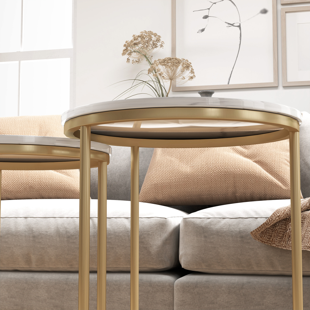 HOMCOM Nesting Coffee Table Set of 2 with Marble-Effect Tops and Gold-Tone Metal Frame – Living Room Side Tables