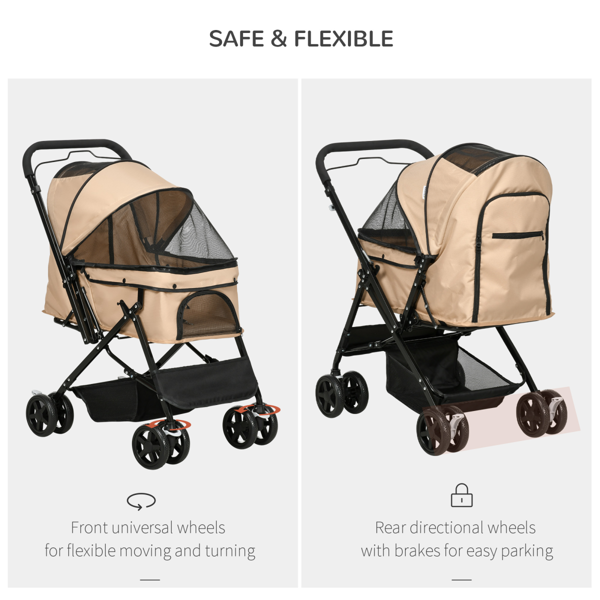 PawHut Foldable Pet Stroller for Small Dogs with Reversible Handle, Canopy & 4 Wheels – Travel Carriage, Brown