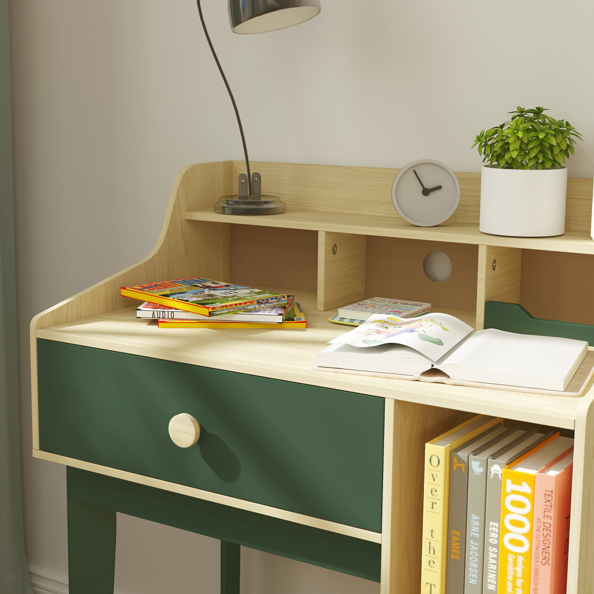 AIYAPLAY Kids Desk and Chair Set with Storage Shelves, Drawer & Storage Grids – Study Set for Ages 3–10, Green
