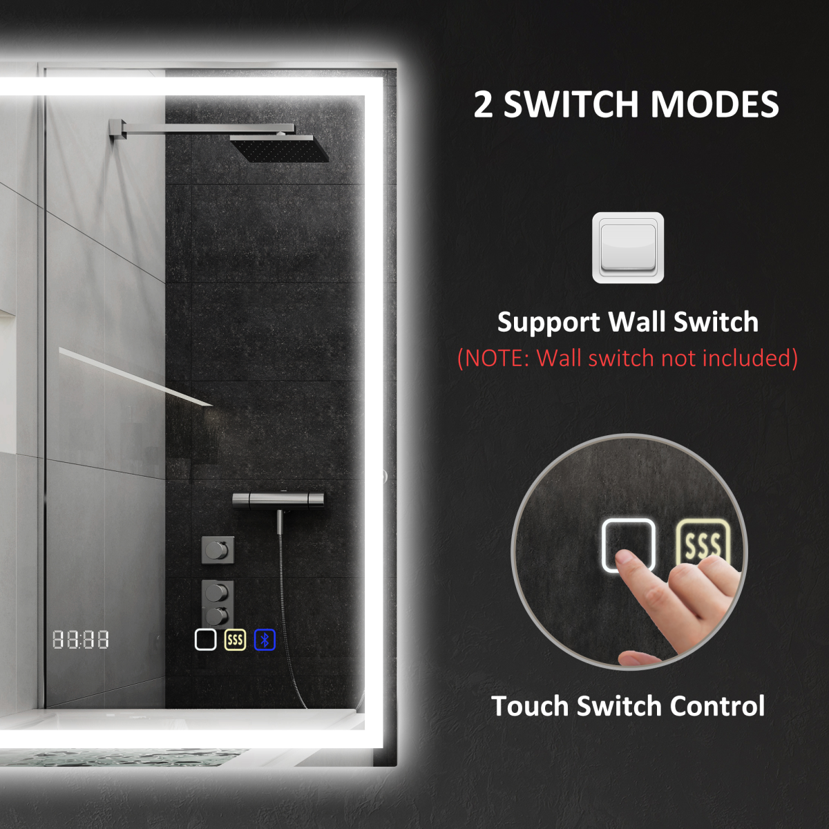 HOMCOM LED Bathroom Mirror 70 x 50cm with Bluetooth Speaker, Clock & Demister – Dimmable 3 Colour Light