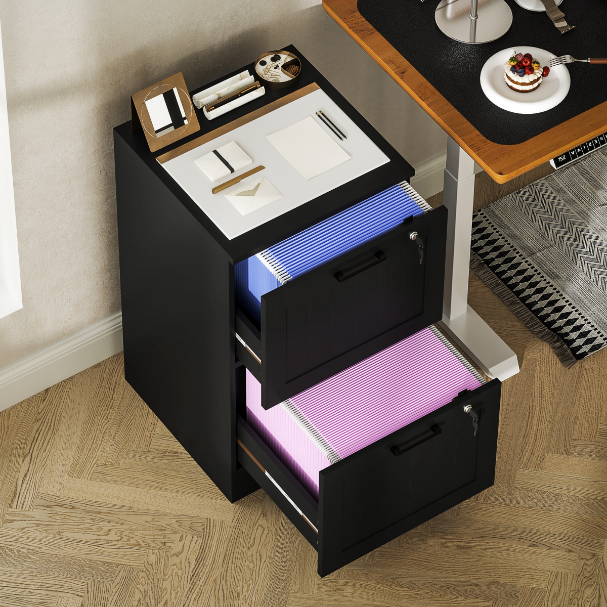HOMCOM 2 Drawer File Cabinet with Lock and Adjustable Hanging Bars – A4 and Letter Document Storage, Black