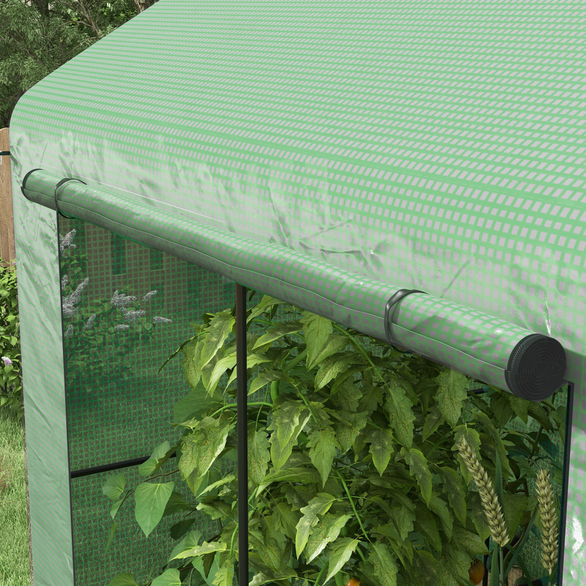 Outsunny 200x140x200cm Walk-In Greenhouse with Roll-Up Door & Mesh Windows – Two-Room Steel Frame Polytunnel, Green