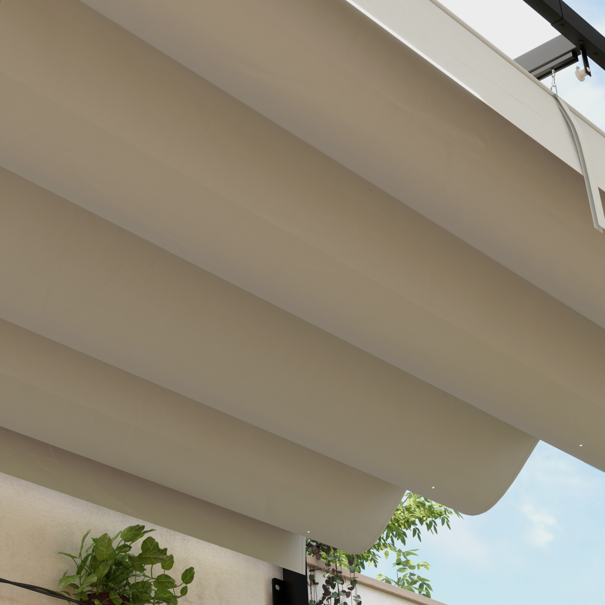 Outsunny 2 x 3m Wall Mounted Pergola with Retractable Sliding Canopy – UV-Protective Roof, Khaki