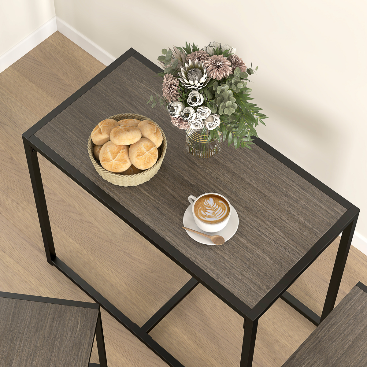 HOMCOM 3 Piece Dining Table Set with Two Stools and Steel Frame – Industrial Kitchen Table, Grey Wood-Effect