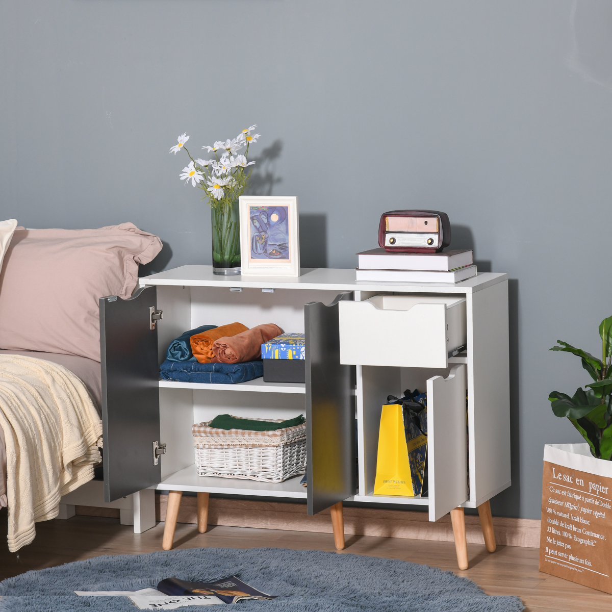 Scandinavian Sideboard Storage Cabinet with Drawer & Adjustable Shelves – Two White and Two Coloured Doors