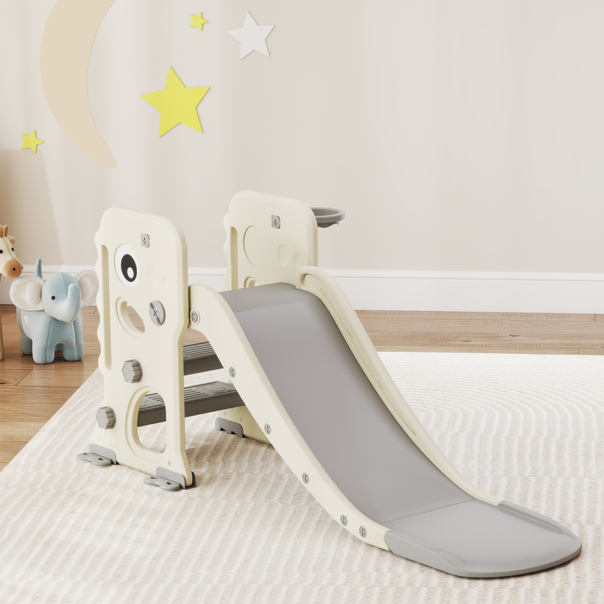 AIYAPLAY Foldable 3-in-1 Kids Slide with Climber and Basketball Hoop – Dinosaur Theme Playset, Cream White