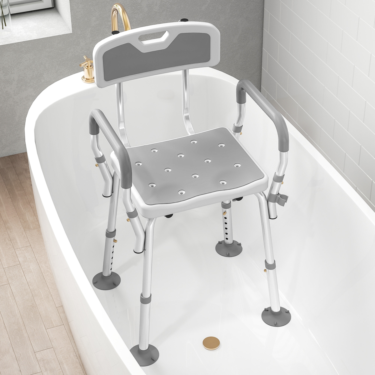 HOMCOM Padded Shower Stool with Arms, Back & 4 Suction Foot Pads – Height Adjustable Bath Seat, Grey