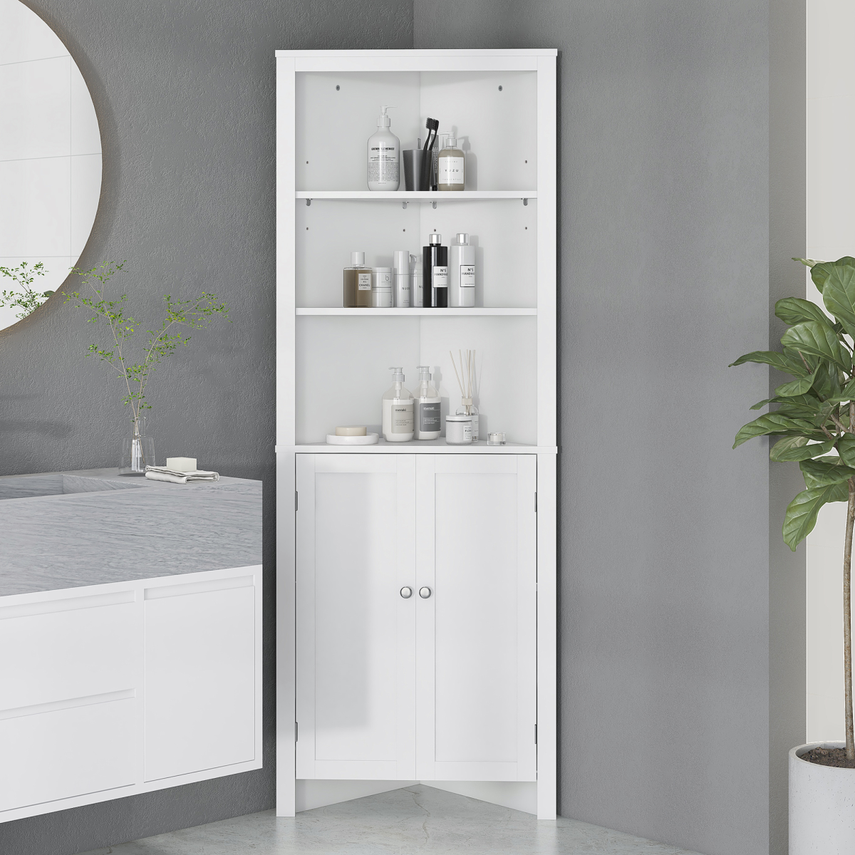 kleankin Corner Bathroom Cabinet with Double Doors & Adjustable Shelves – Space-Saving Storage, White