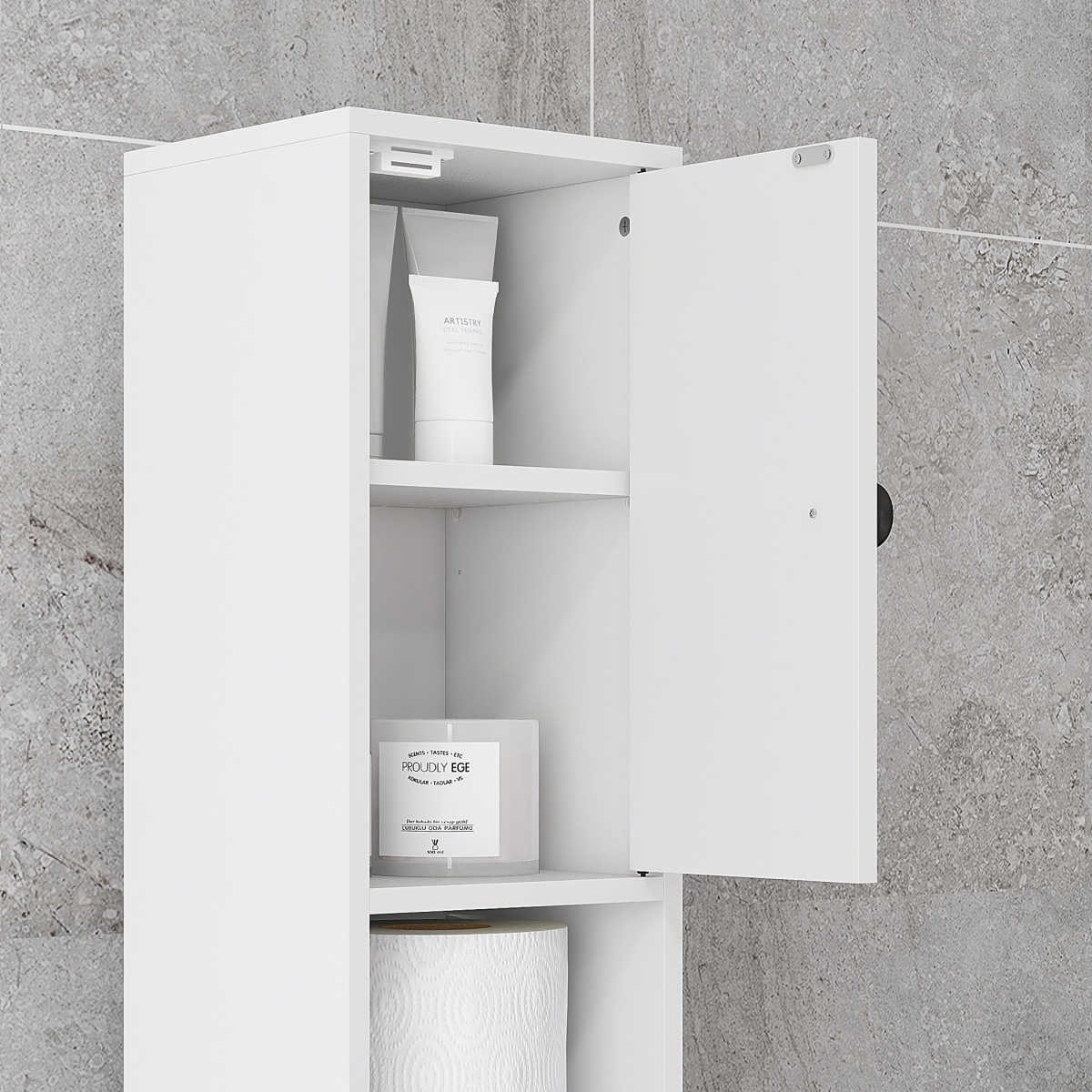 Kleankin Slim Bathroom Cabinet with Drawer, Four Open Shelves & Toilet Roll Storage – Floor Standing Unit, White