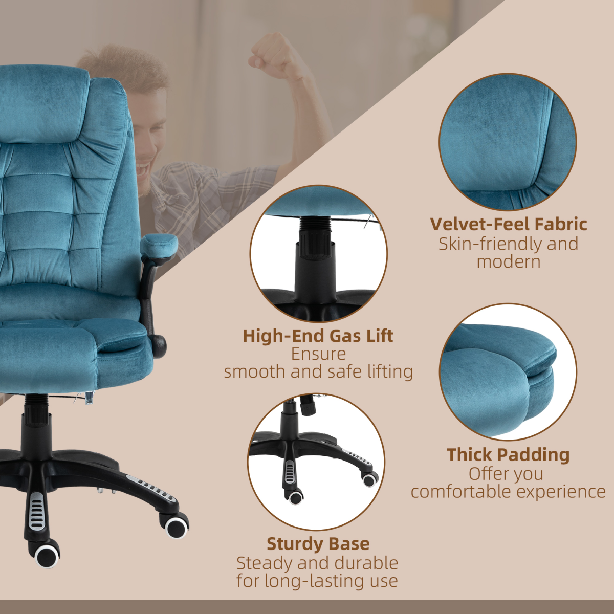 Executive Reclining Office Chair with Heated Massage & Padded Headrest – Swivel Base, Blue