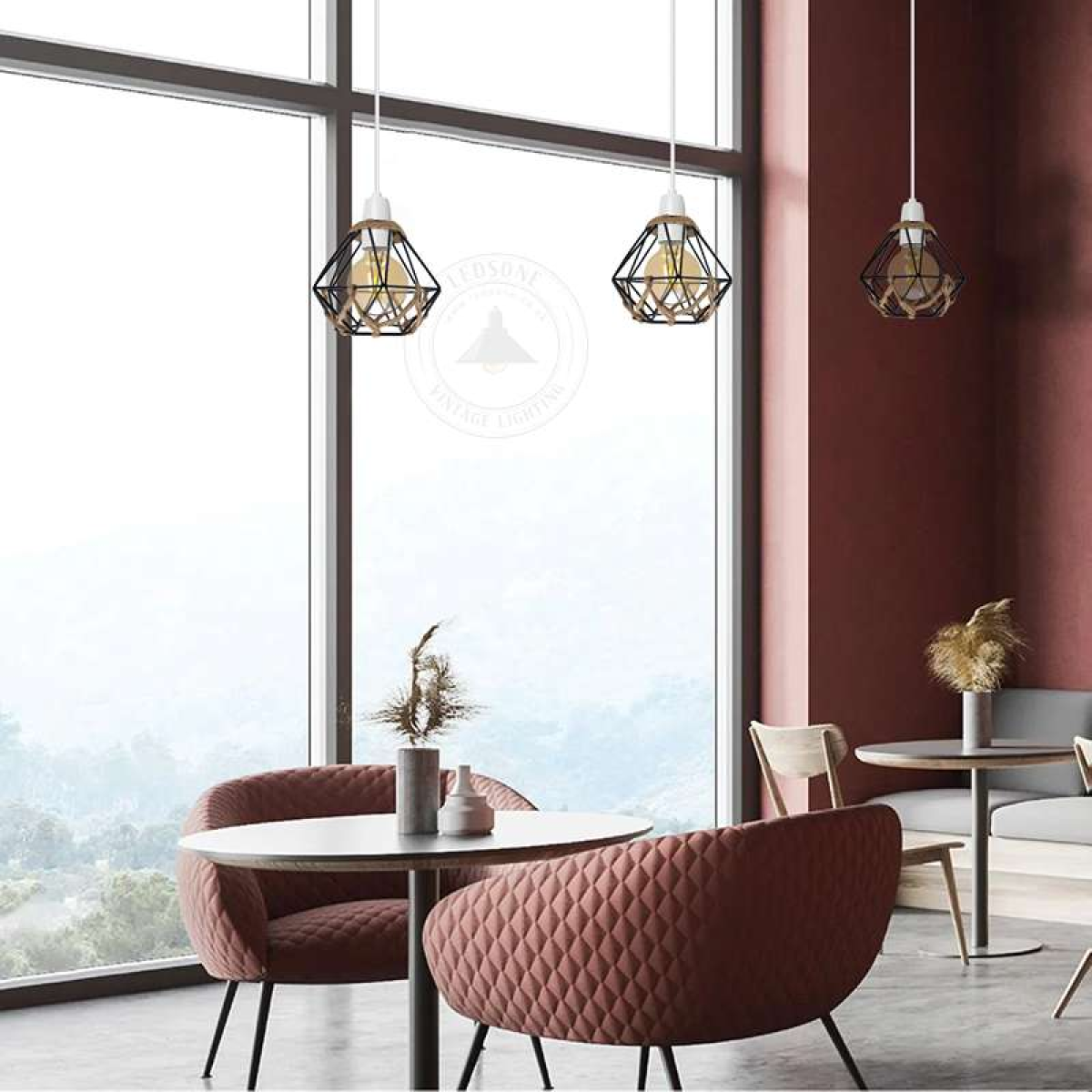 LEDSone Vintage Diamond Hemp Rope Lampshade with Reducer Ring – Metal Cage Pendant Light Shade, Black