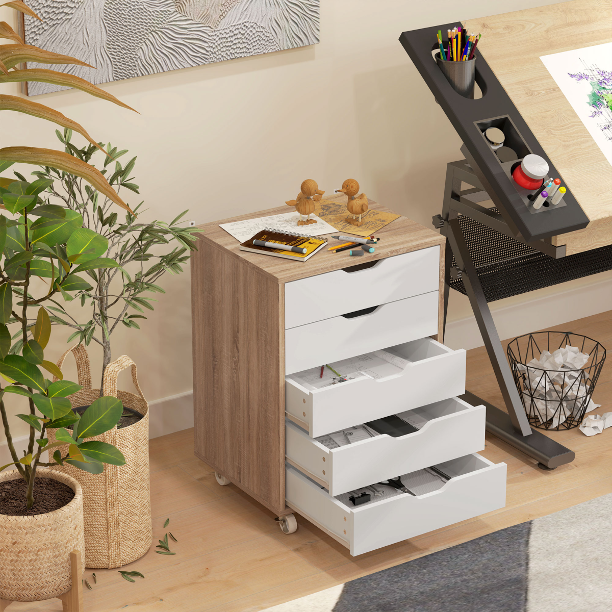 Vinsetto Mobile Filing Cabinet with 5 Drawers and Lockable Wheels – Home Office Storage Unit, Oak