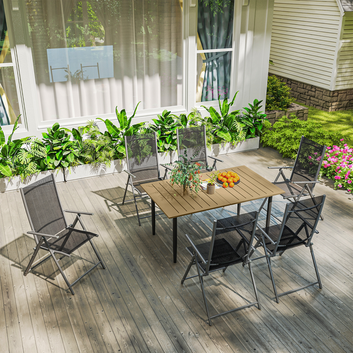 Outsunny Garden Dining Table for 6 with Parasol Hole, Slatted Steel Top, 150 x 90 cm – Outdoor Table, Brown