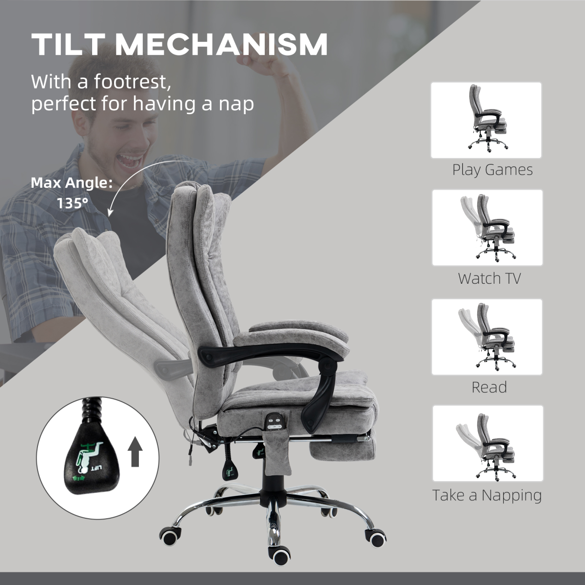 Vinsetto 6-Point Vibration Massage Office Chair with Heating & Remote – Microfibre Swivel Chair, Grey