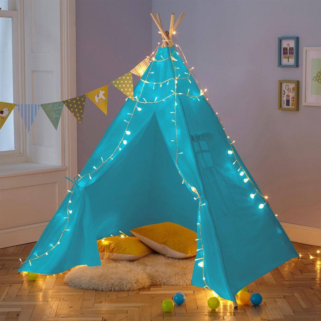 Neo Kids Indian Teepee Play Tent with Bunting and Storage Pouch – Cotton Canvas and Wood, Blue