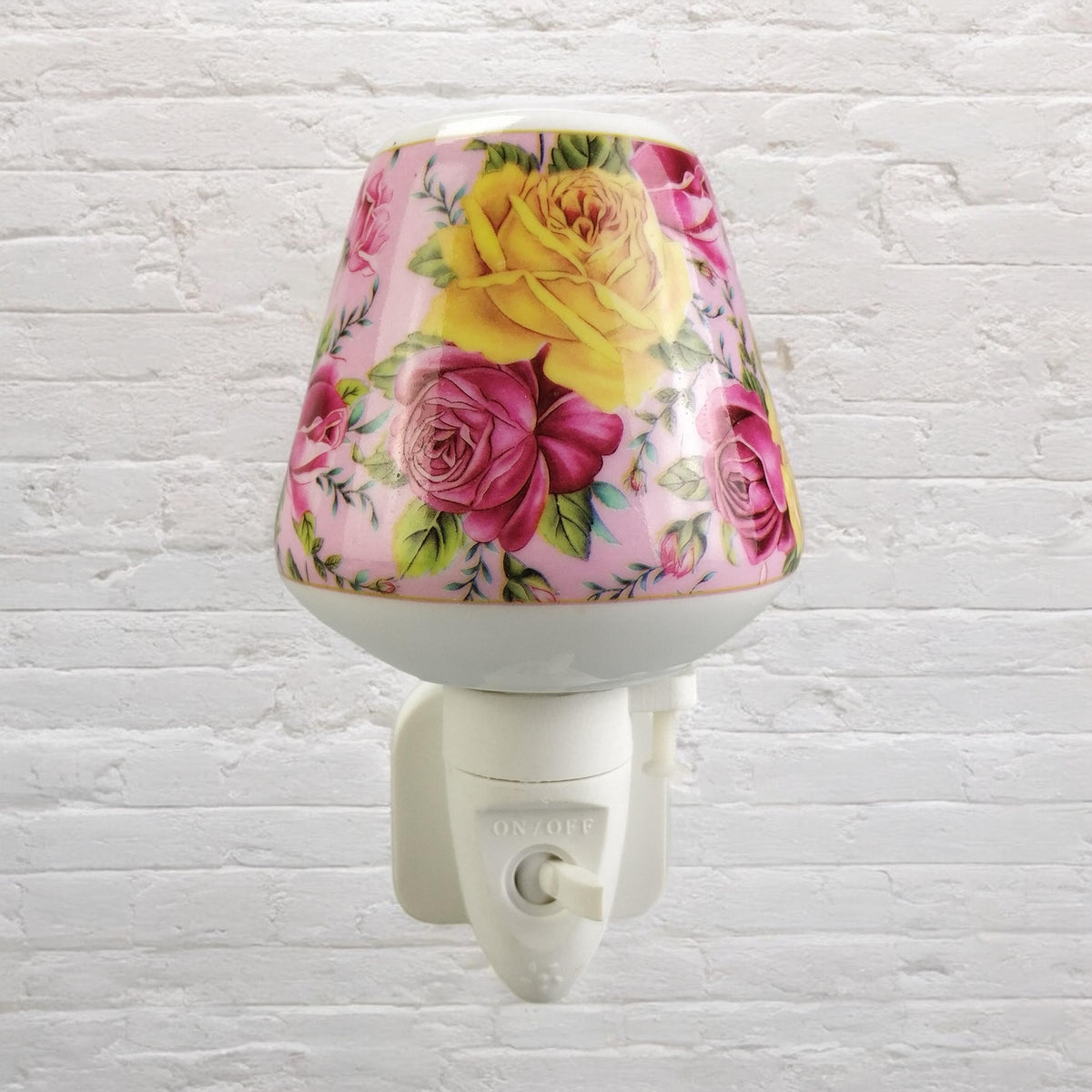 Plug-In LED Night Light with Pink and Yellow Floral Ceramic Body and On/Off Switch – Decorative Lighting for Bedrooms