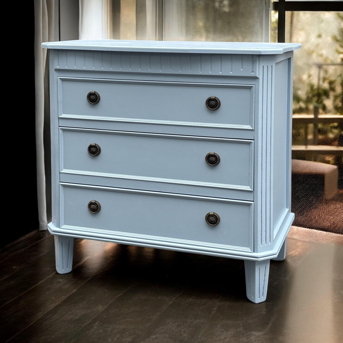 Carved 3-Drawer Chest Console Table with Antique Bronze Handles – Painted Hallway Storage, Sky Blue