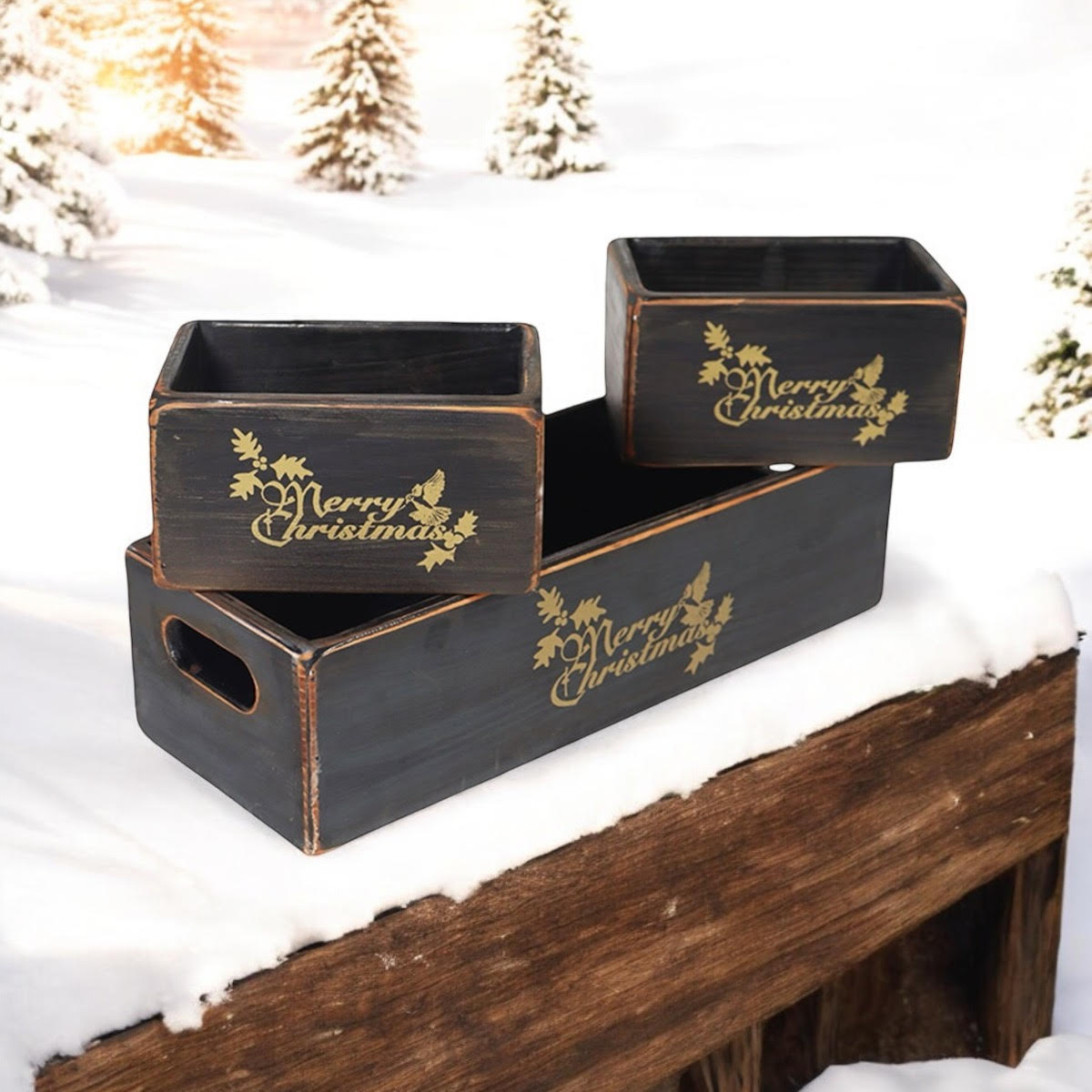 AcaciaHome Vintage Wooden Merry Christmas Storage Crate Set with Sturdy Handles – Festive Rustic Decor